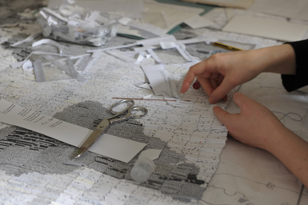 work in progress on 'letters from the bank' photo Hugo Glendinning