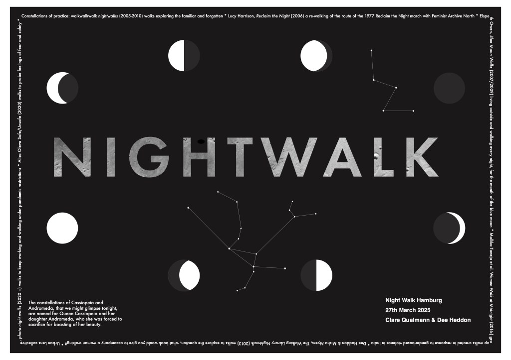 a black graphic image with the 'nightwalk' across the middle in large text, surrounded by the phases of the moon and the constellations of Cassiopeia and Andromeda. Around the edge of the rectangle the names of nightwalking artworks and their women creators are listed. In the bottom right corner the title 'night walk Hamburg, 27th Marc 2025, Clare Qualmann and Dee Heddon'. 